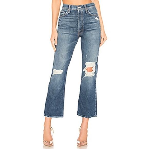 MOTHER Blue Distressed Flare Jeans - Picture 1 of 12